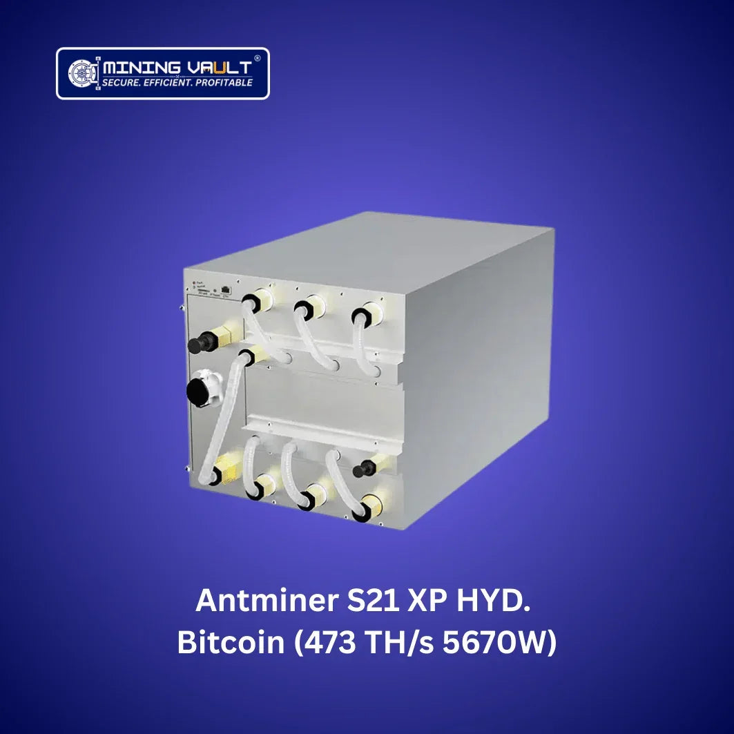 Antminer S21 XP HYD appareil de minage Bitcoin 473 TH/s 5670W sur fond violet avec logo Mining Vault