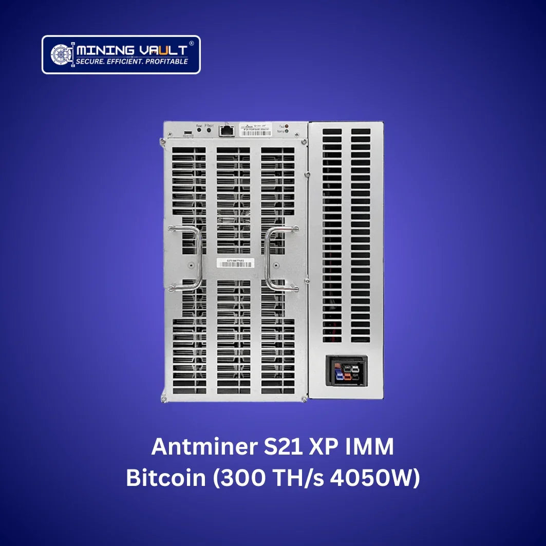 Miner Bitcoin Antminer S21 XP IMM 300 TH/s 4050W sur fond bleu avec logo Mining Vault