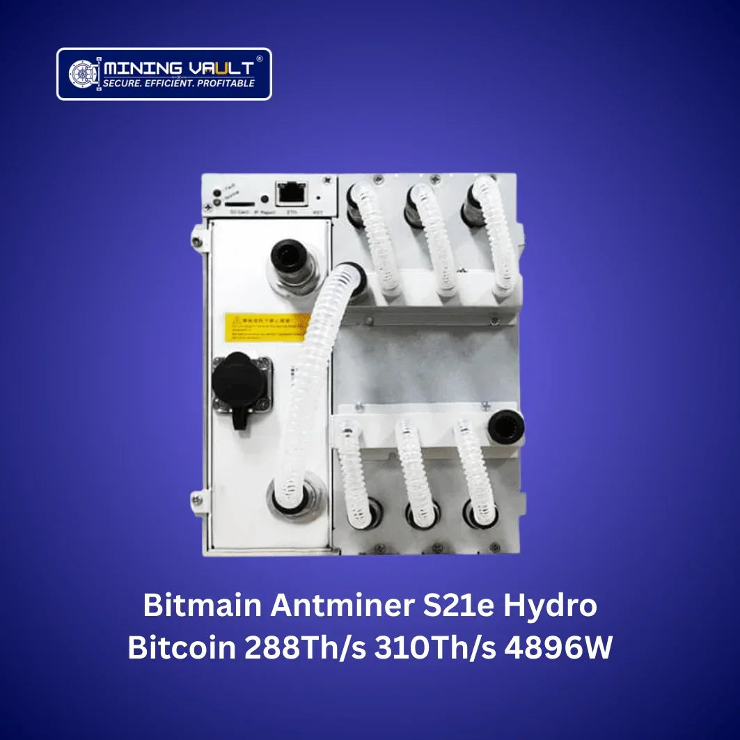 Miner Bitmain Antminer S21e Hydro pour mining de Bitcoin avec 288Th/s à 4896W sur fond bleu