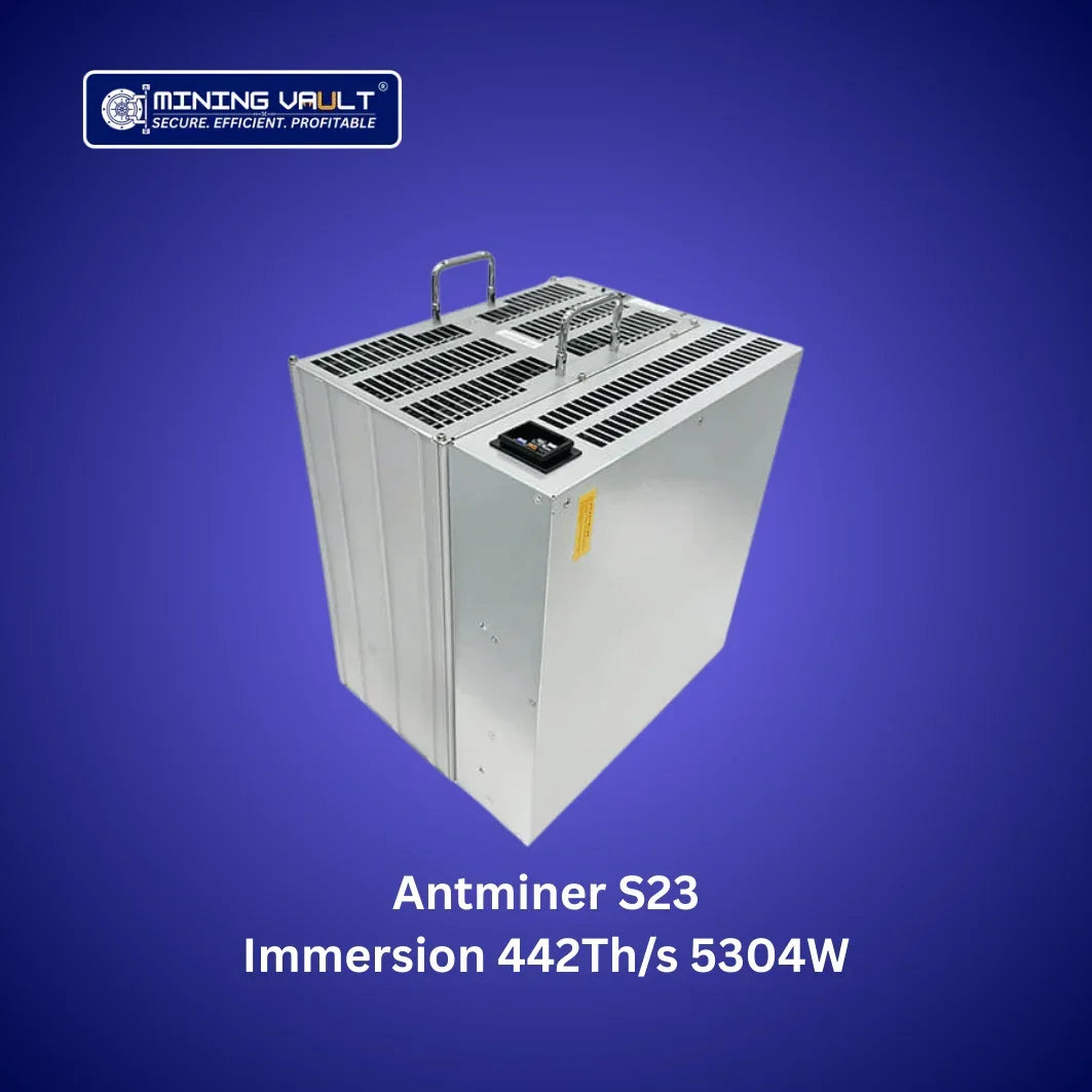 Antminer S23 immersion miner haute performance 442Th/s consommation 5304W sur fond bleu