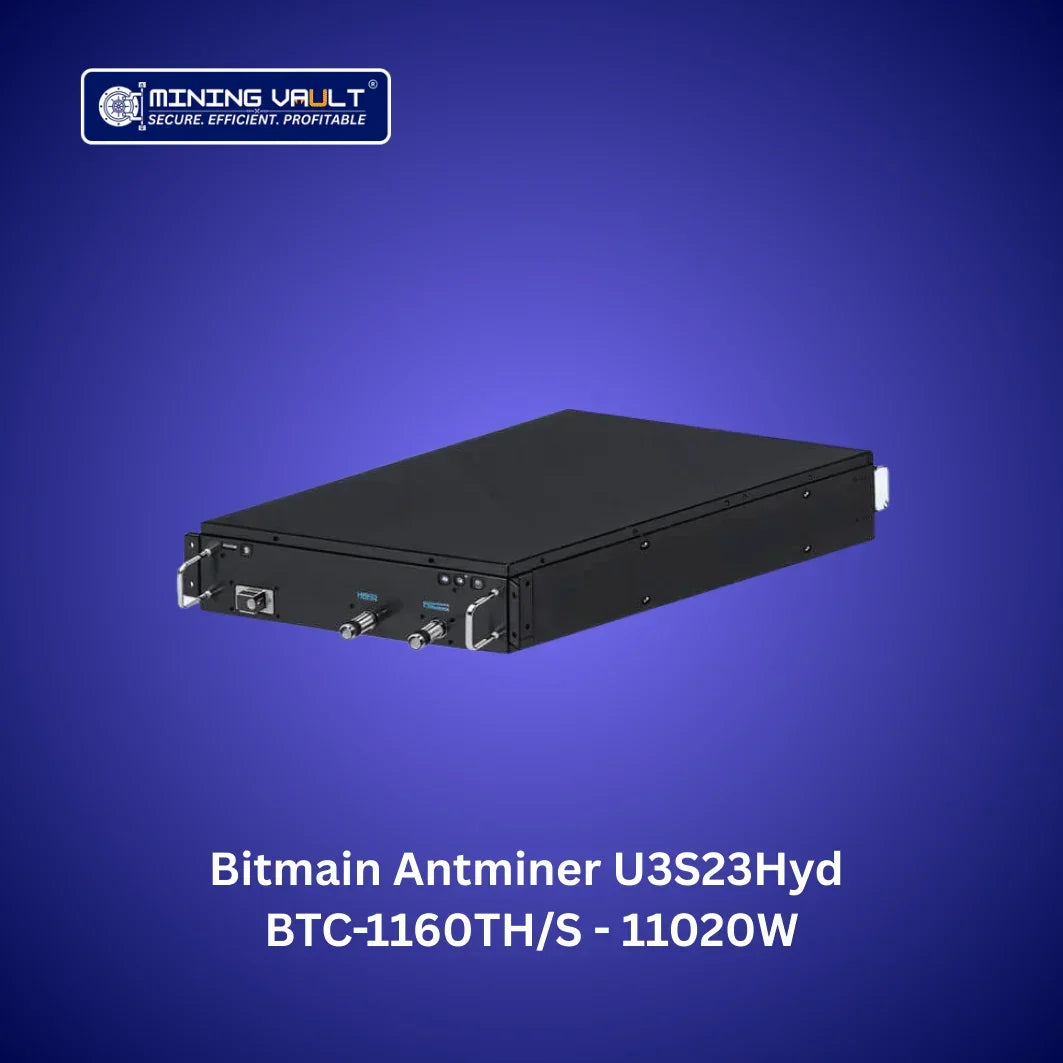 Miner de cryptomonnaie Bitmain Antminer U3S23Hyd noir sur fond bleu avec logo Mining Vault