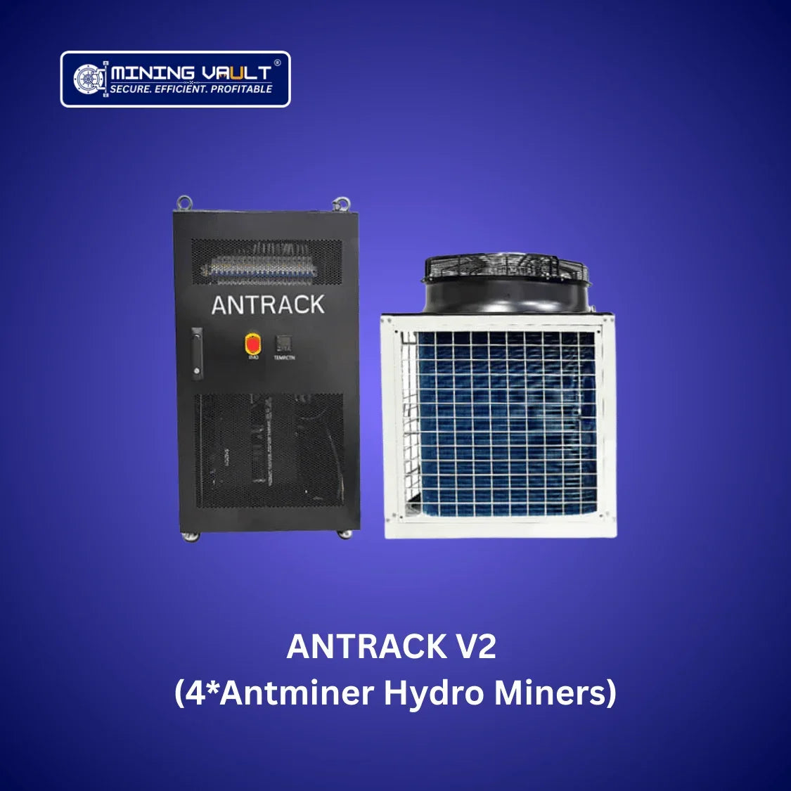 ANTRACK V2 équipement minier avec ventilateur et unité de refroidissement pour Antminer Hydro Miners sur fond bleu