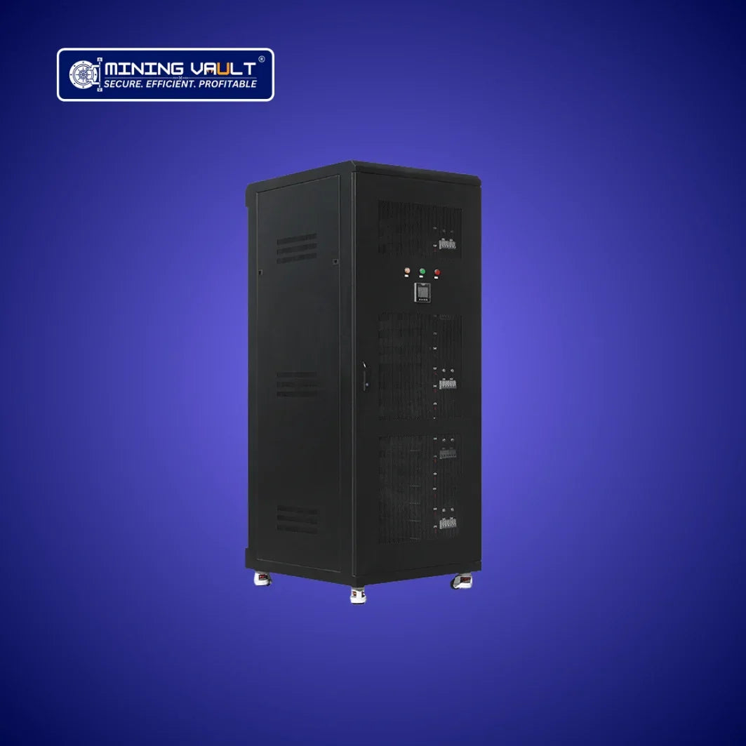 Armoire noire de mining Vault sur fond bleu, avec ventilation et boutons de contrôle