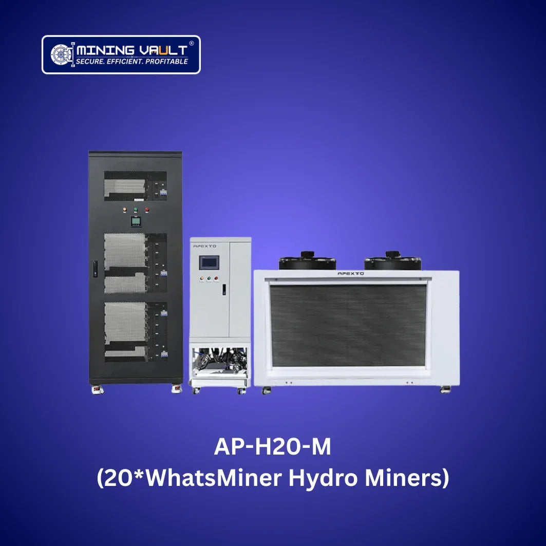 Machine de minage AP-H2O-M avec 20 WhatsMiner Hydro Miners sur fond bleu, logo Mining Vault