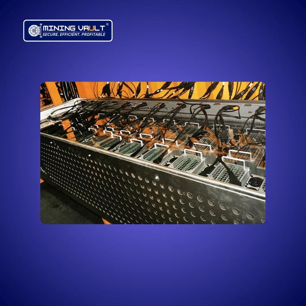 Installations de minage de crypto-monnaie Mining Vault avec matériel informatique et câblage organisé
