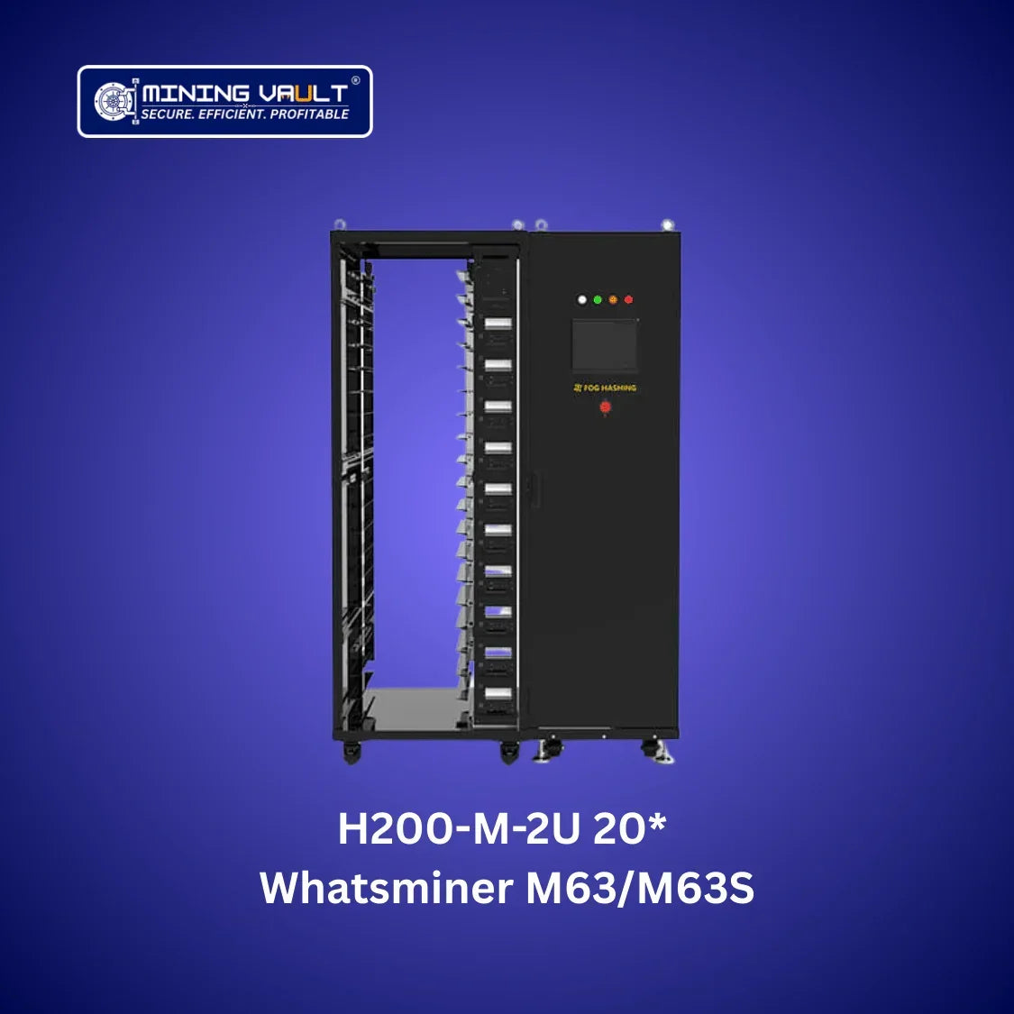 Mining Vault H200-M-2U 20* rack pour Whatsminer M63/M63S sur fond bleu