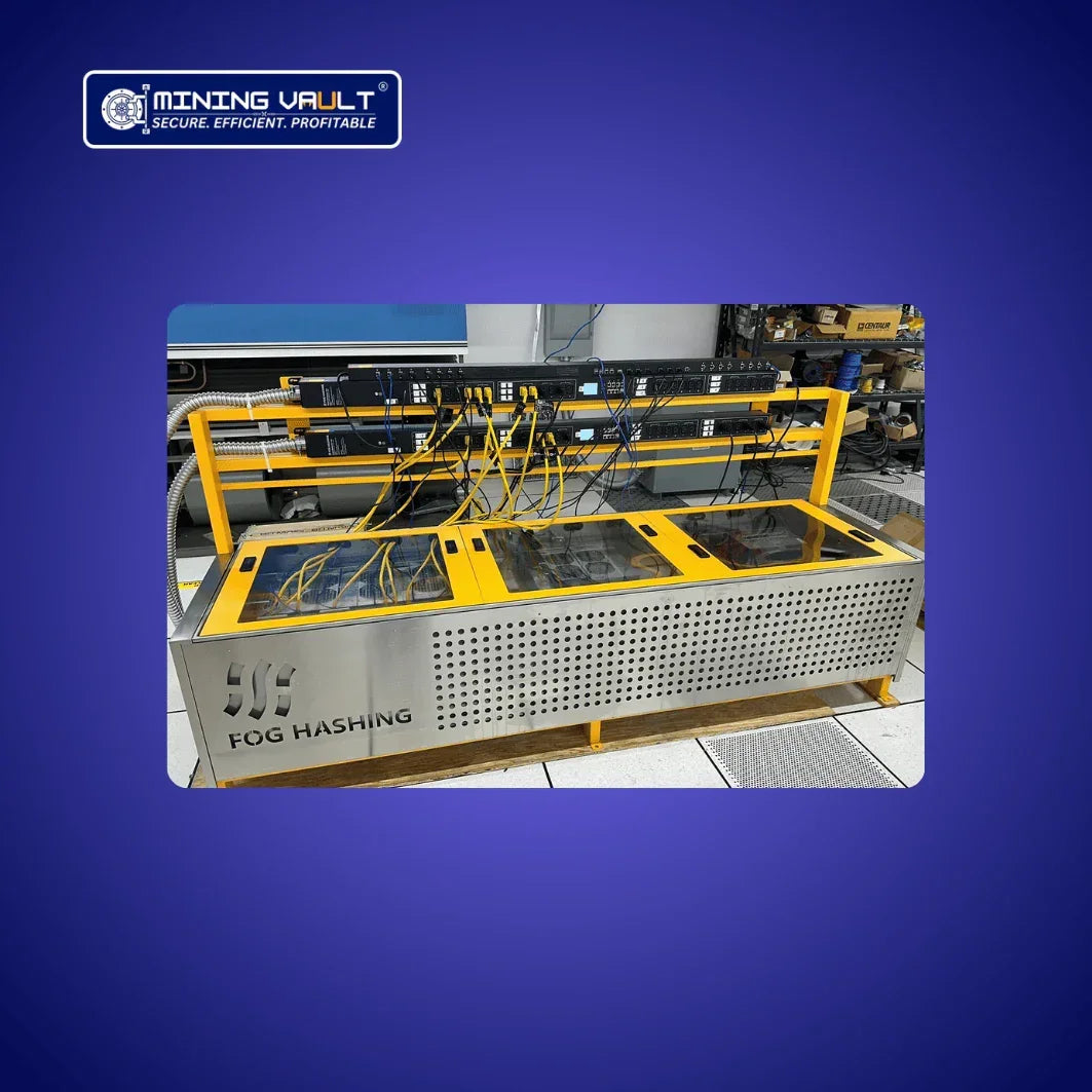 Plateforme de minage Fog Hashing avec câbles jaunes, équipement informatique pout des bitmain antminer