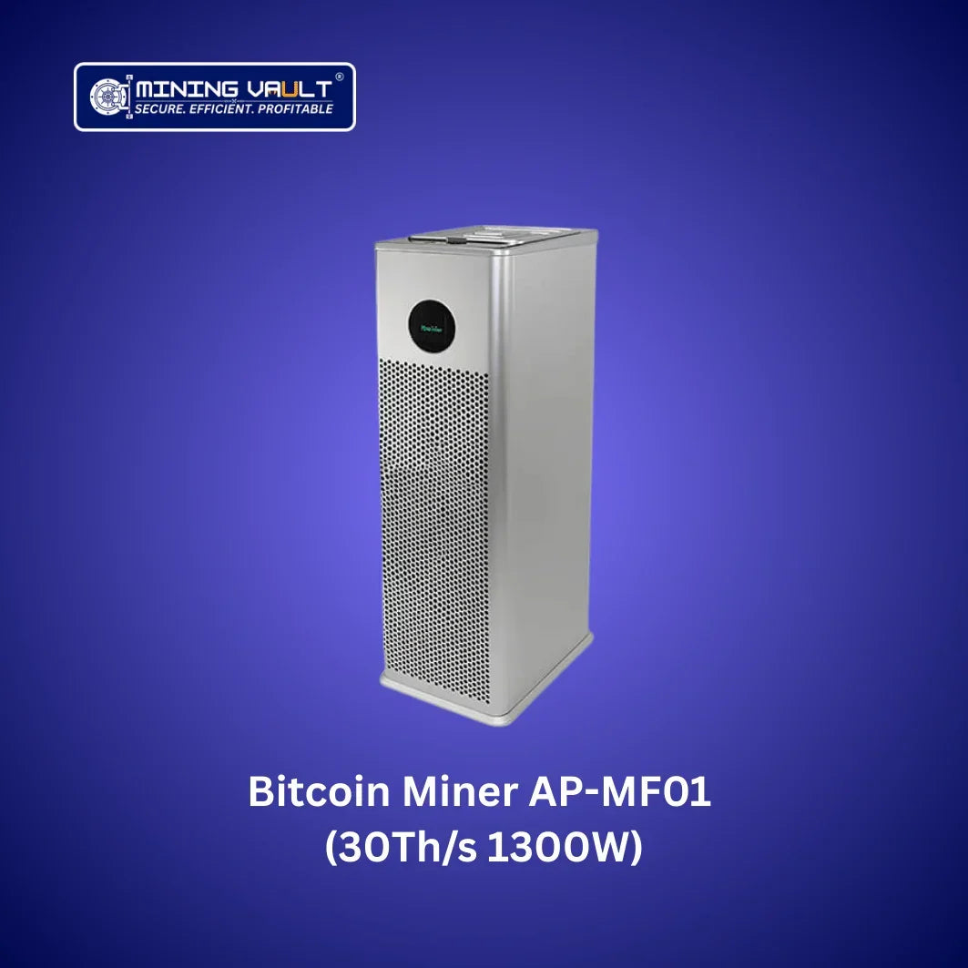 Miner Bitcoin AP-MF01 gris avec logo Mining Vault sur fond bleu