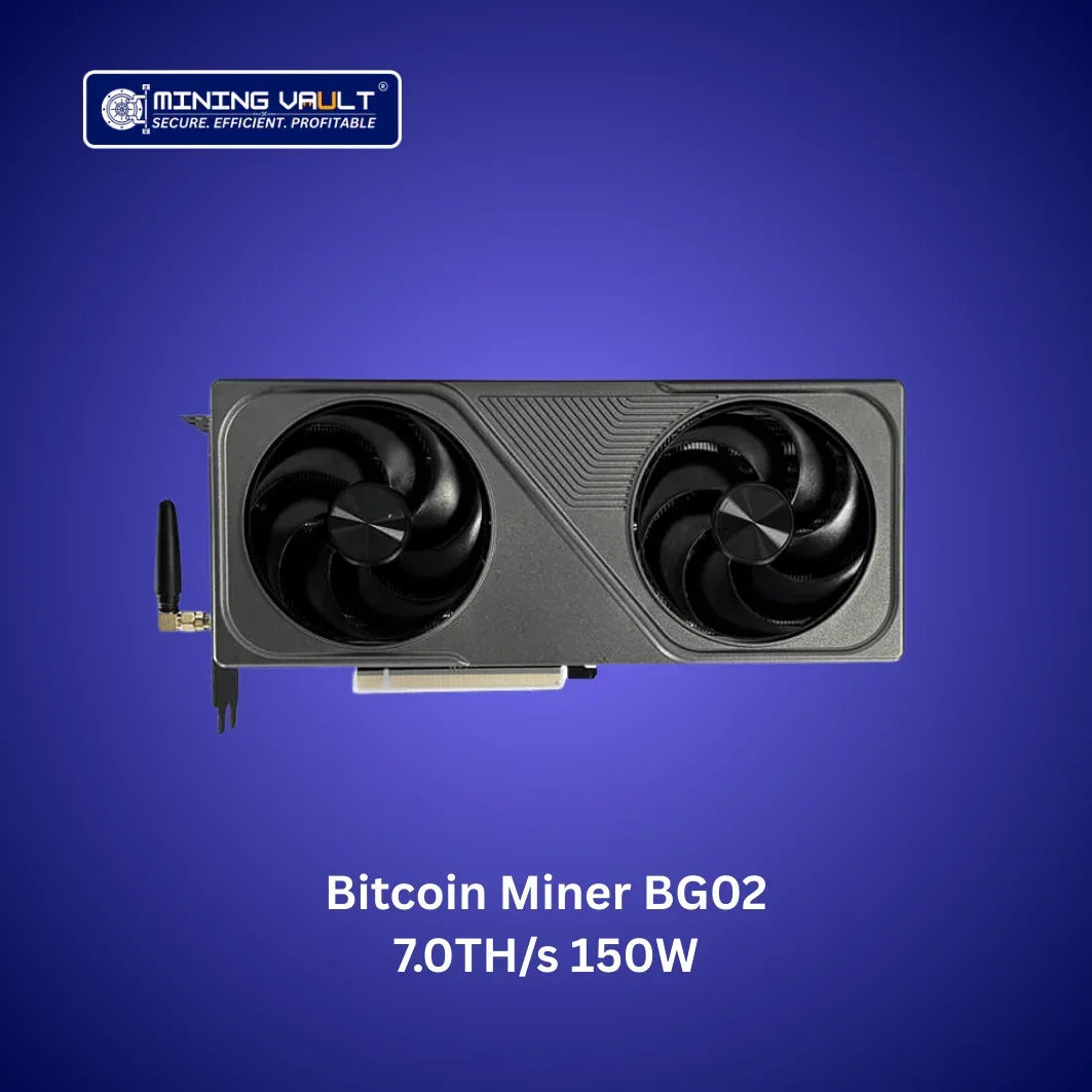Bitcoin Miner BG02 7.0TH/s 150W avec double ventilateur noir sur fond violet, logo Mining Vault