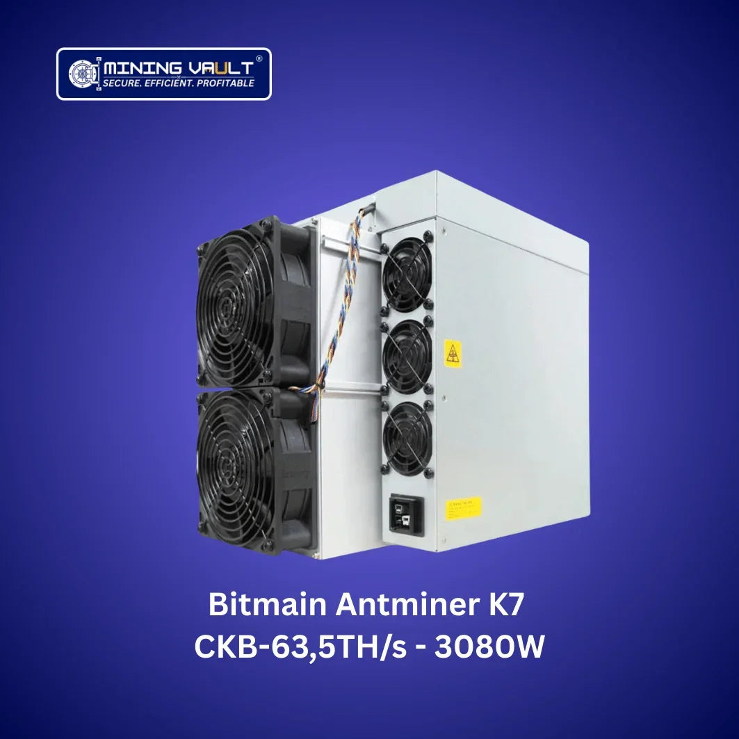 Bitmain Antminer K7 appareil minage crypto 63,5 TH/s consommation 3080W fond bleu Mining Vault