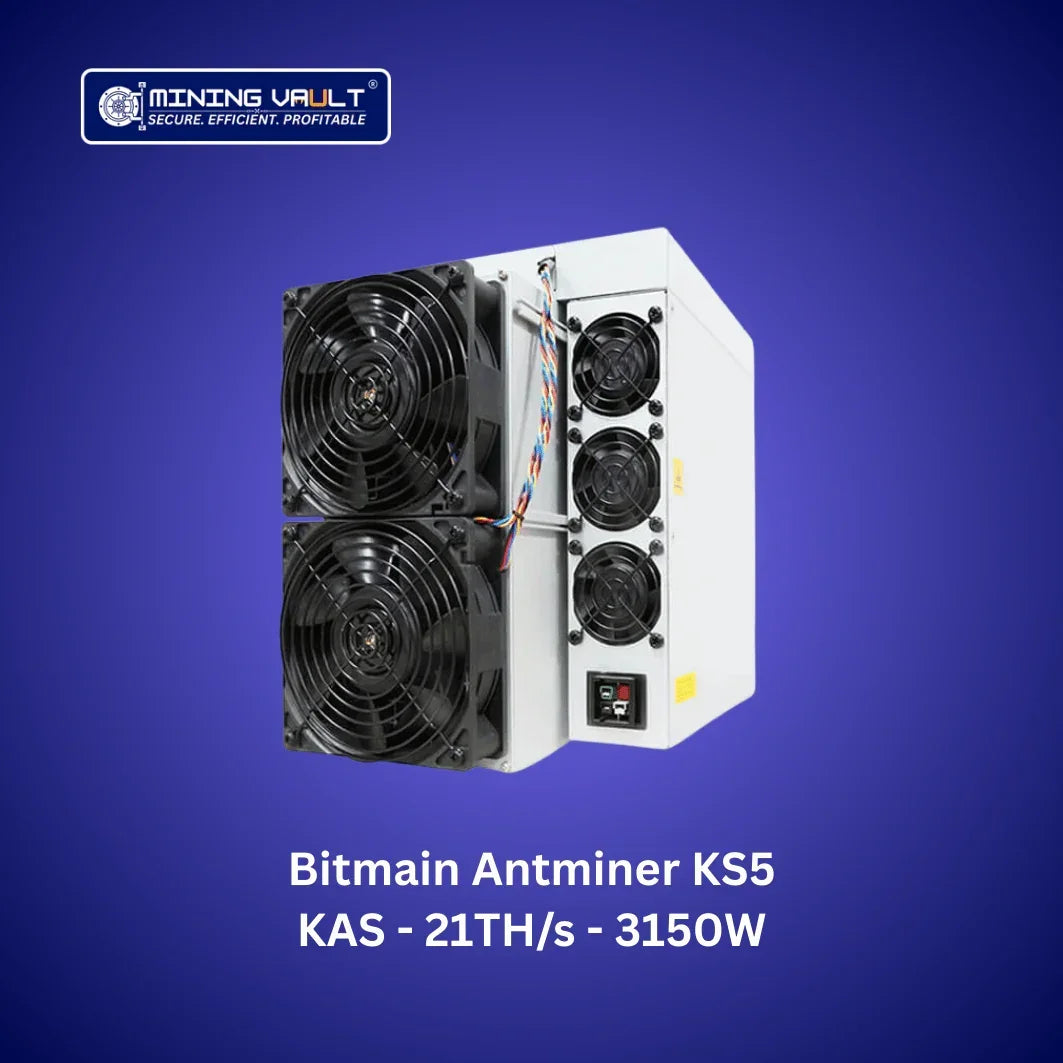Bitmain Antminer KS5 avec ventilateurs noirs, puissance 3150W, performances 21TH/s, fond bleu