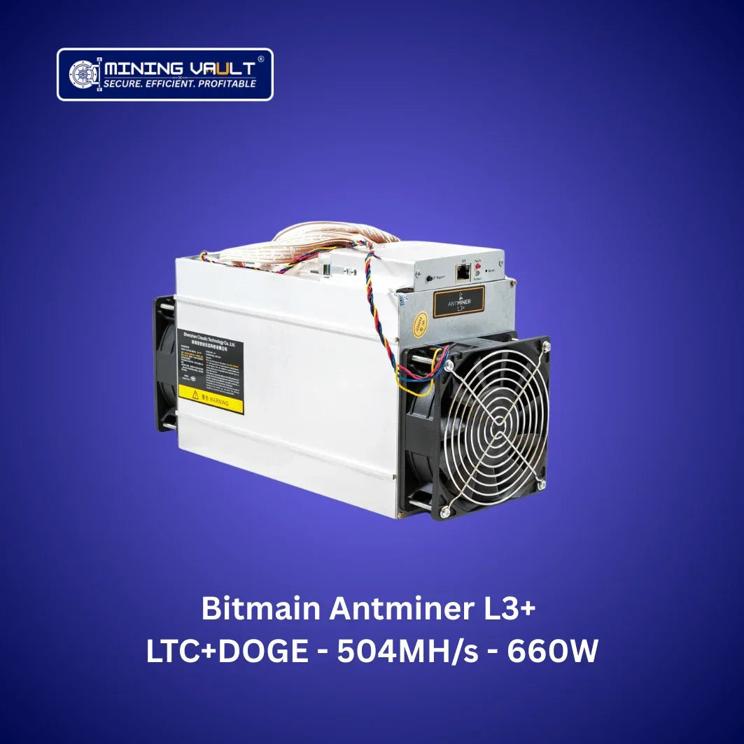 Miner Bitmain Antminer L3+ pour minage LTC et DOGE, 504MH/s, 660W, fond bleu Mining Vault