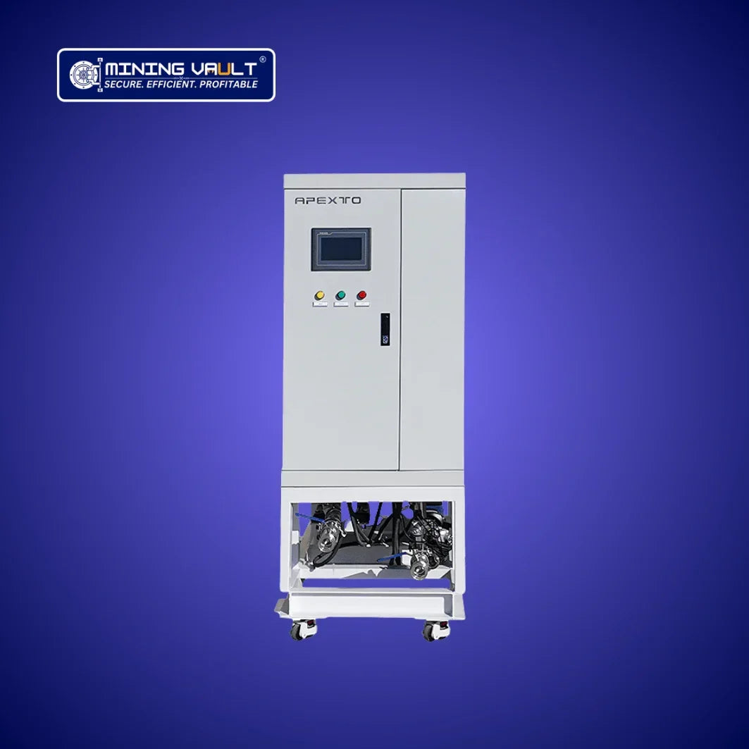 Miner de cryptomonnaie blanc sur fond violet avec logo Mining Vault en haut