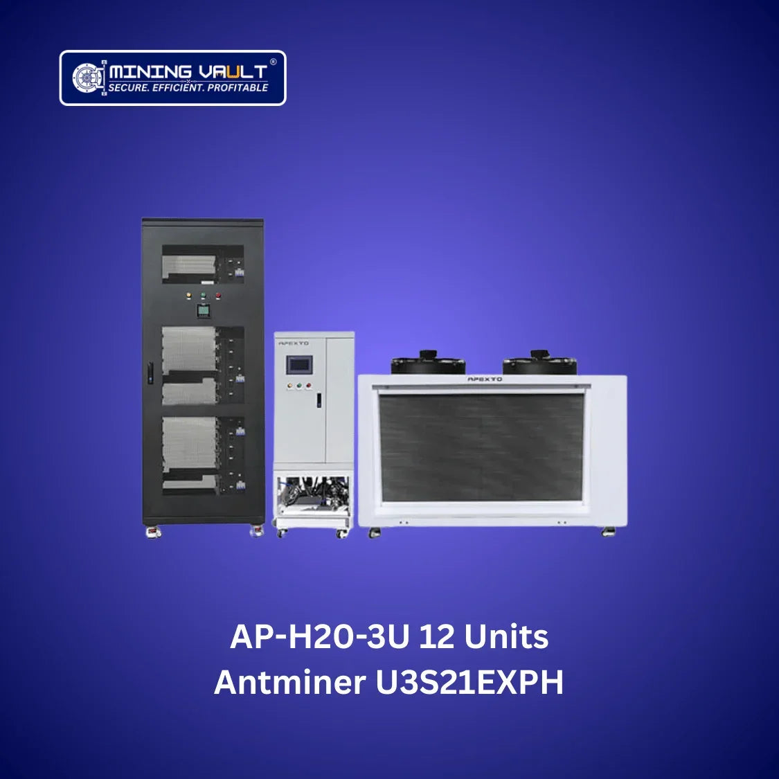 Système de minage AP-H20-3U 12 unités avec refroidisseur et Antminer U3S21EXPH sur fond bleu