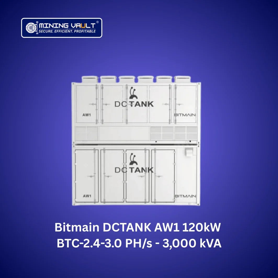 Unité Bitmain DCTANK AW1 120kW pour minage BTC, performance 2.4-3.0 PH/s, 3 000 kVA