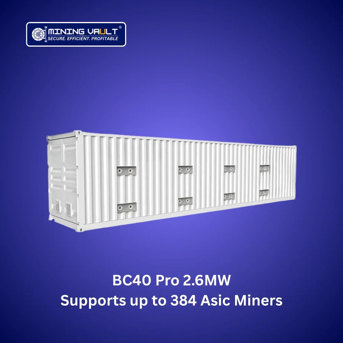 Container blanc BC40 Pro 2.6MW pour minage crypto avec support jusqu'à 384 Asic miners sur fond bleu
