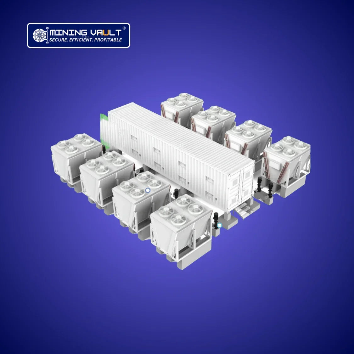 Installation de minage Mining Vault avec conteneur et refroidisseurs au liquid pour 384 miners