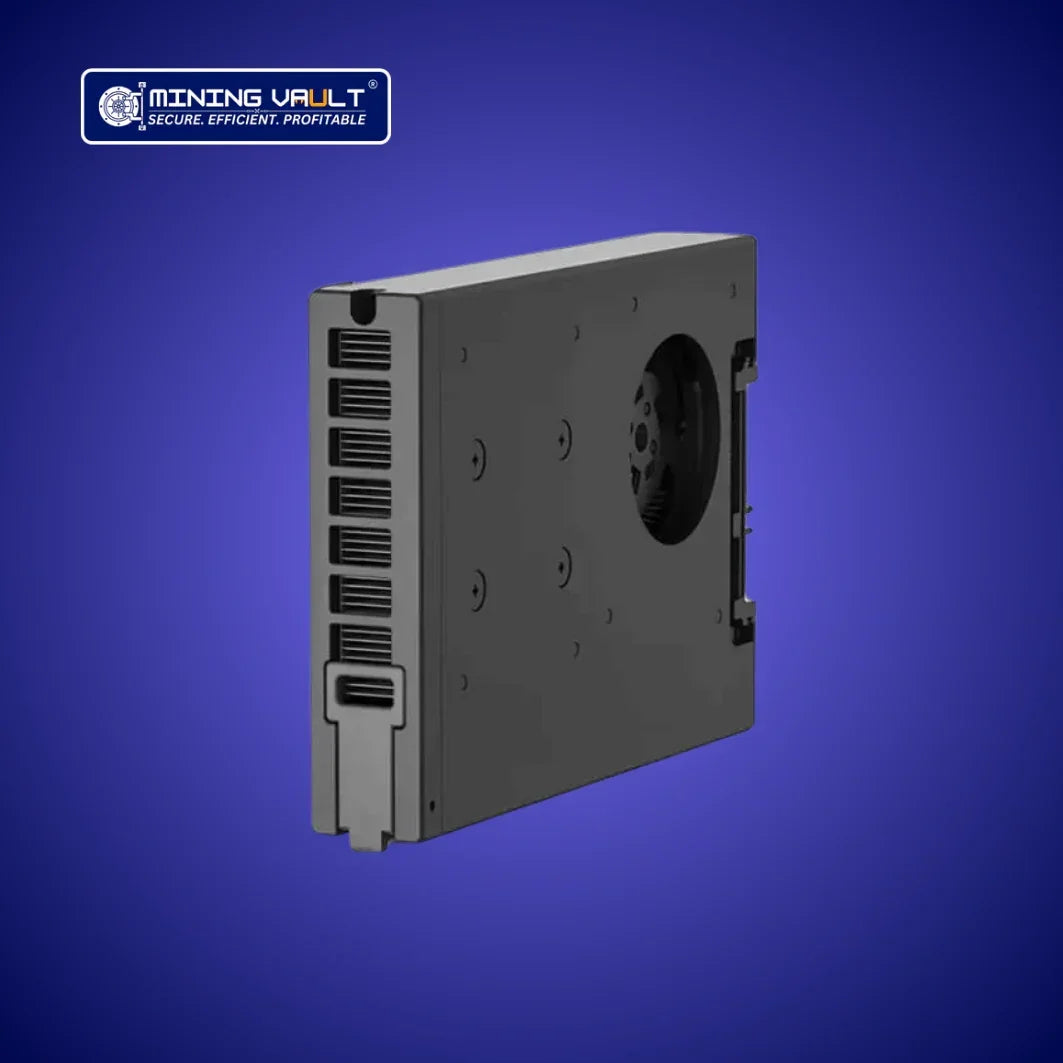 Dispositif minier noir Mining Vault avec plusieurs ports, sur fond bleu, technologie sécurisée efficace