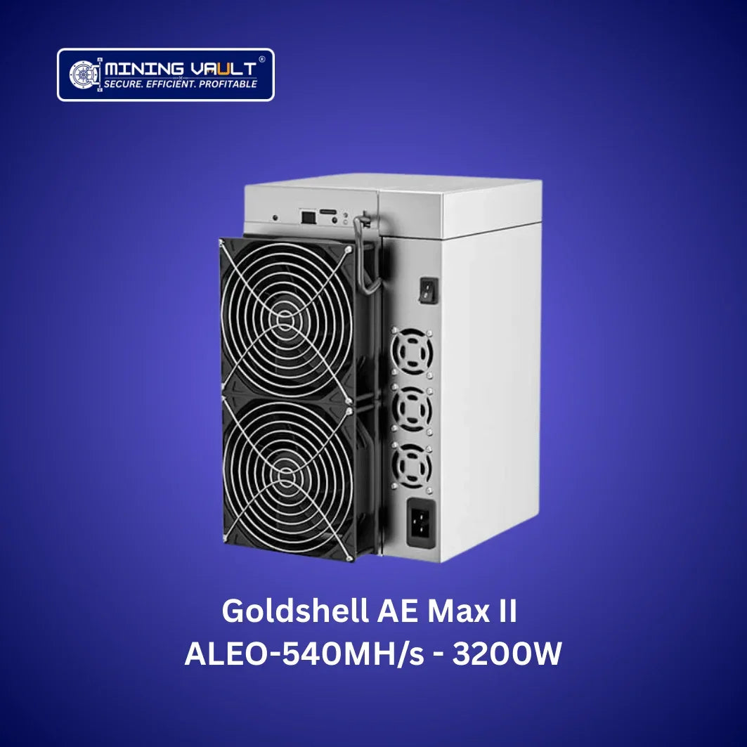 Miner de cryptomonnaie Goldshell AE Max II ALEO-540MH/s avec 3200W blanc sur fond bleu