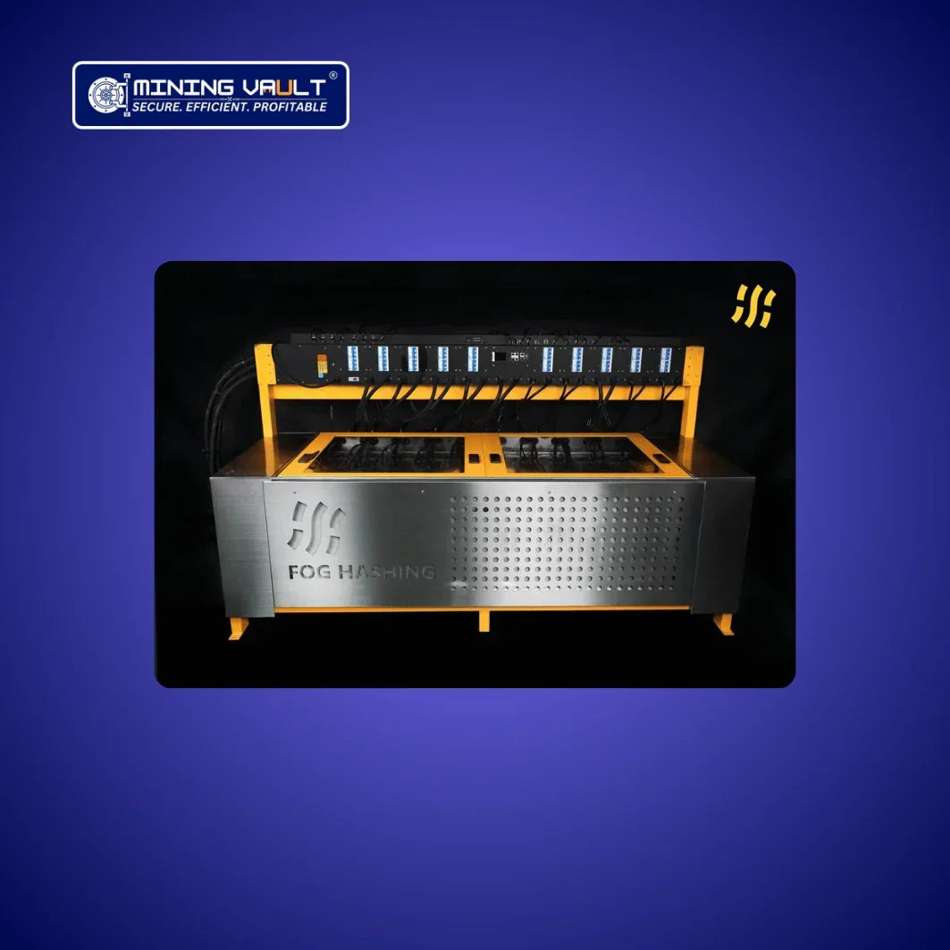 Équipement de minage cryptomonnaie FOG Hashing avec cadre métallique jaune et logo Mining Vault