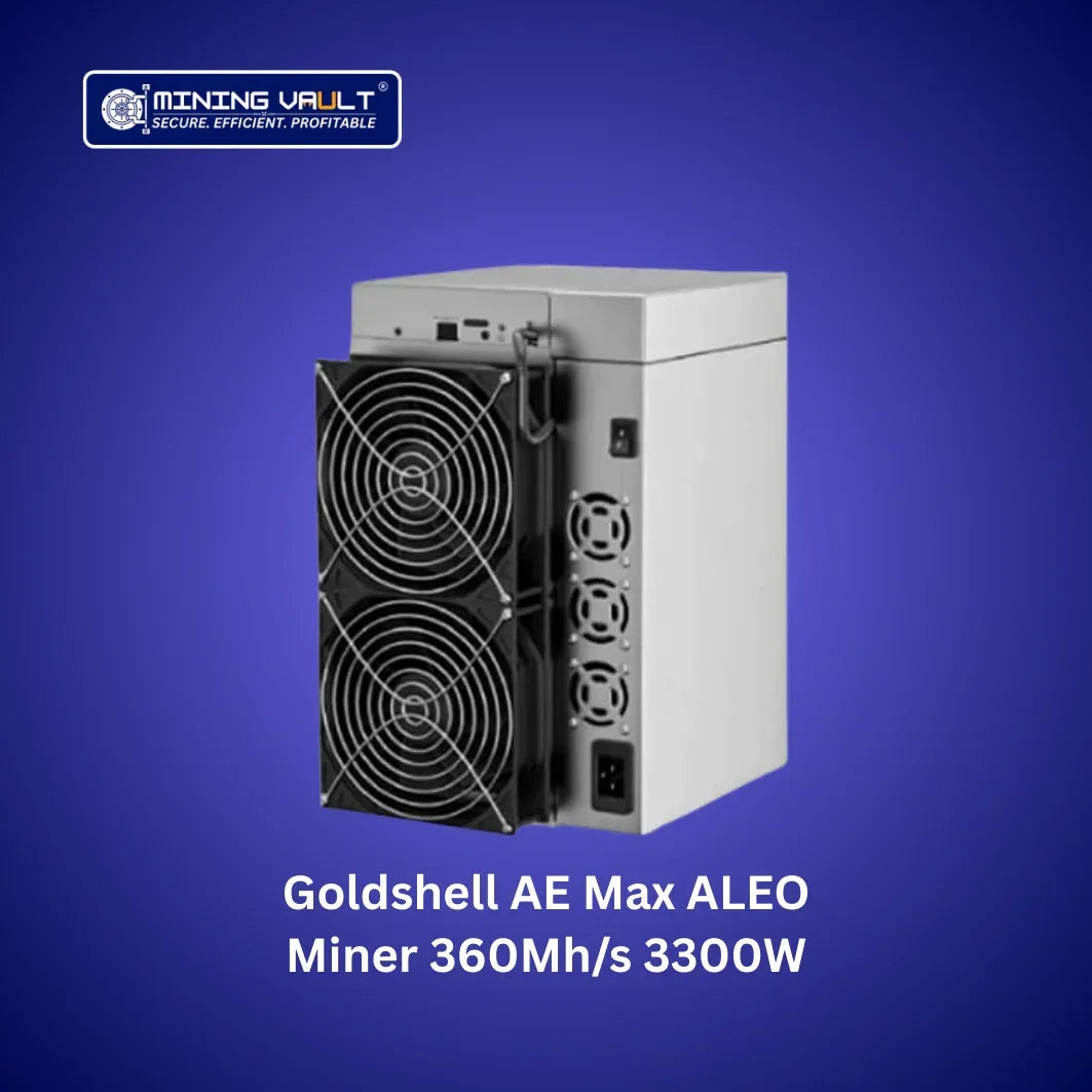 Miner Goldshell AE Max ALEO 360Mh/s 3300W avec double ventilateur sur fond bleu