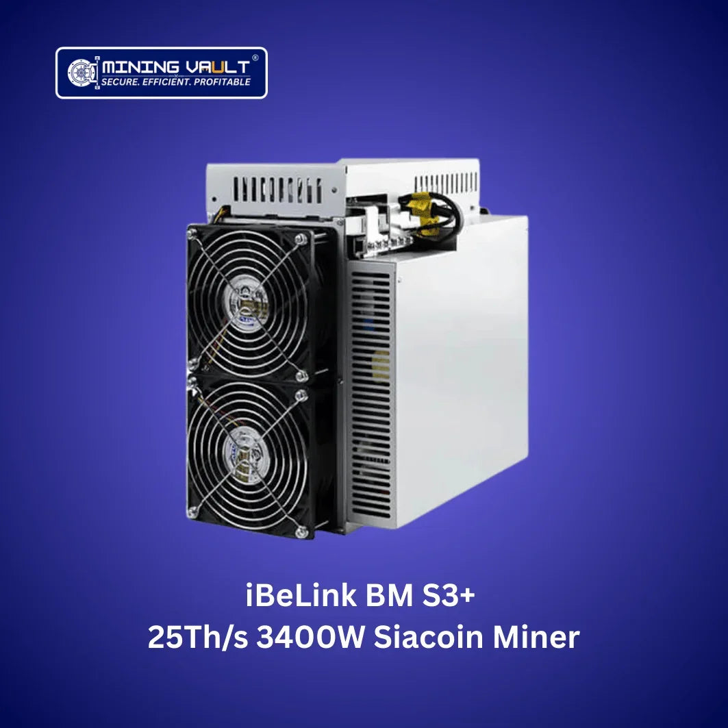 Miner iBeLink BM S3+ Siacoin haute performance 25Th/s 3400W sur fond dégradé bleu