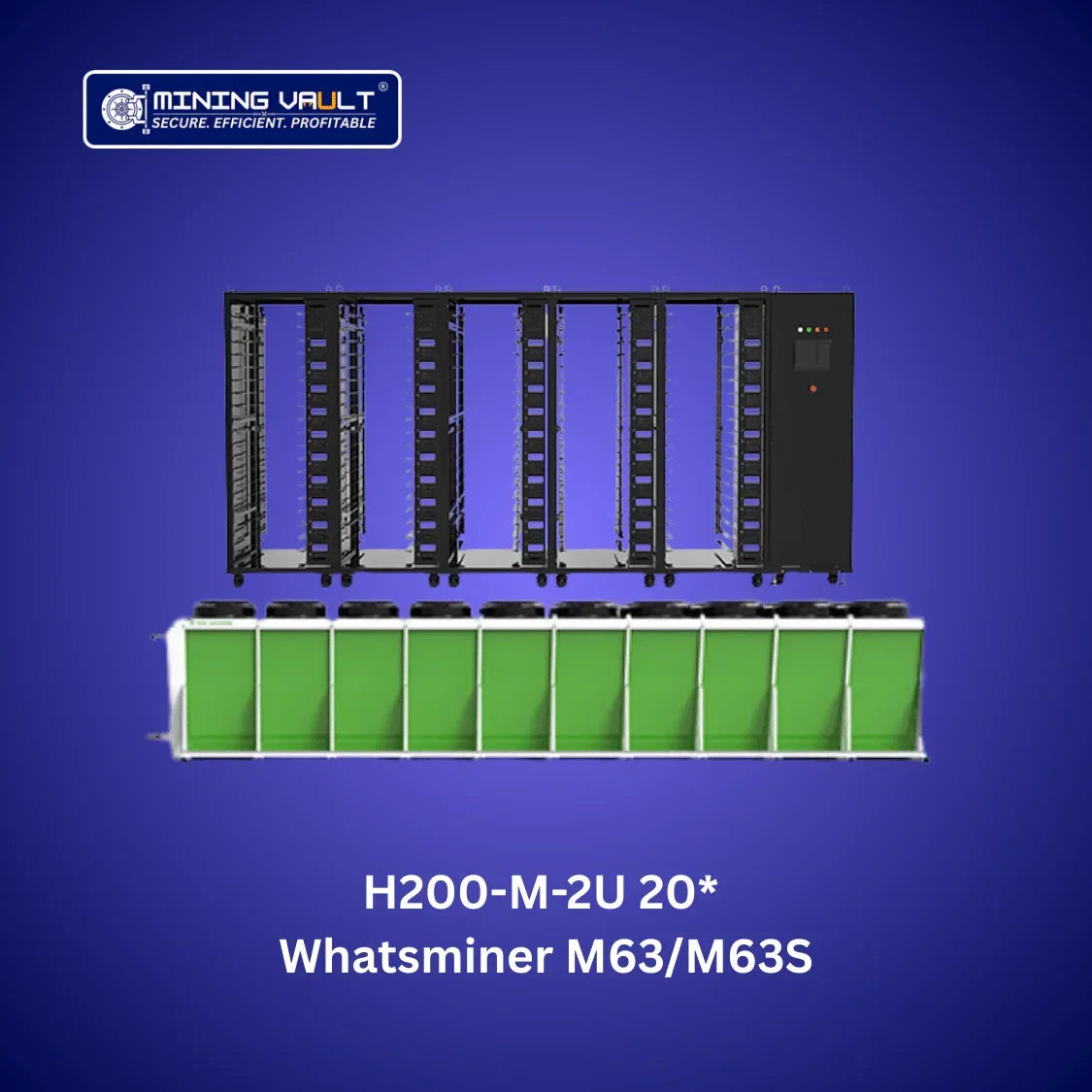 Rack minier H200-M-2U 20* pour Whatsminer M63/M63S avec logo Mining Vault fond bleu