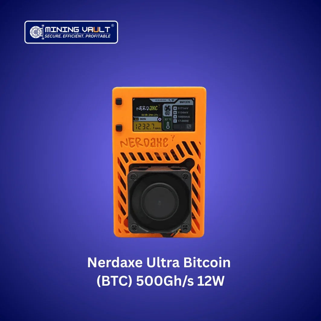 Miner de bitcoin Nerdaxe Ultra orange 500Gh/s basse consommation 12W sur fond bleu