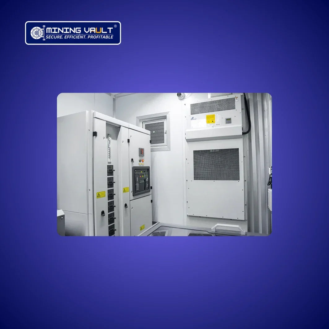 Salle technique avec armoire électrique blanche et unité de climatisation, logo Mining Vault sur fond bleu