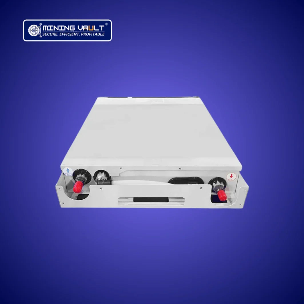 Batterie modulaire Mining Vault blanche avec poignées et connexions rouge et noir sur fond bleu