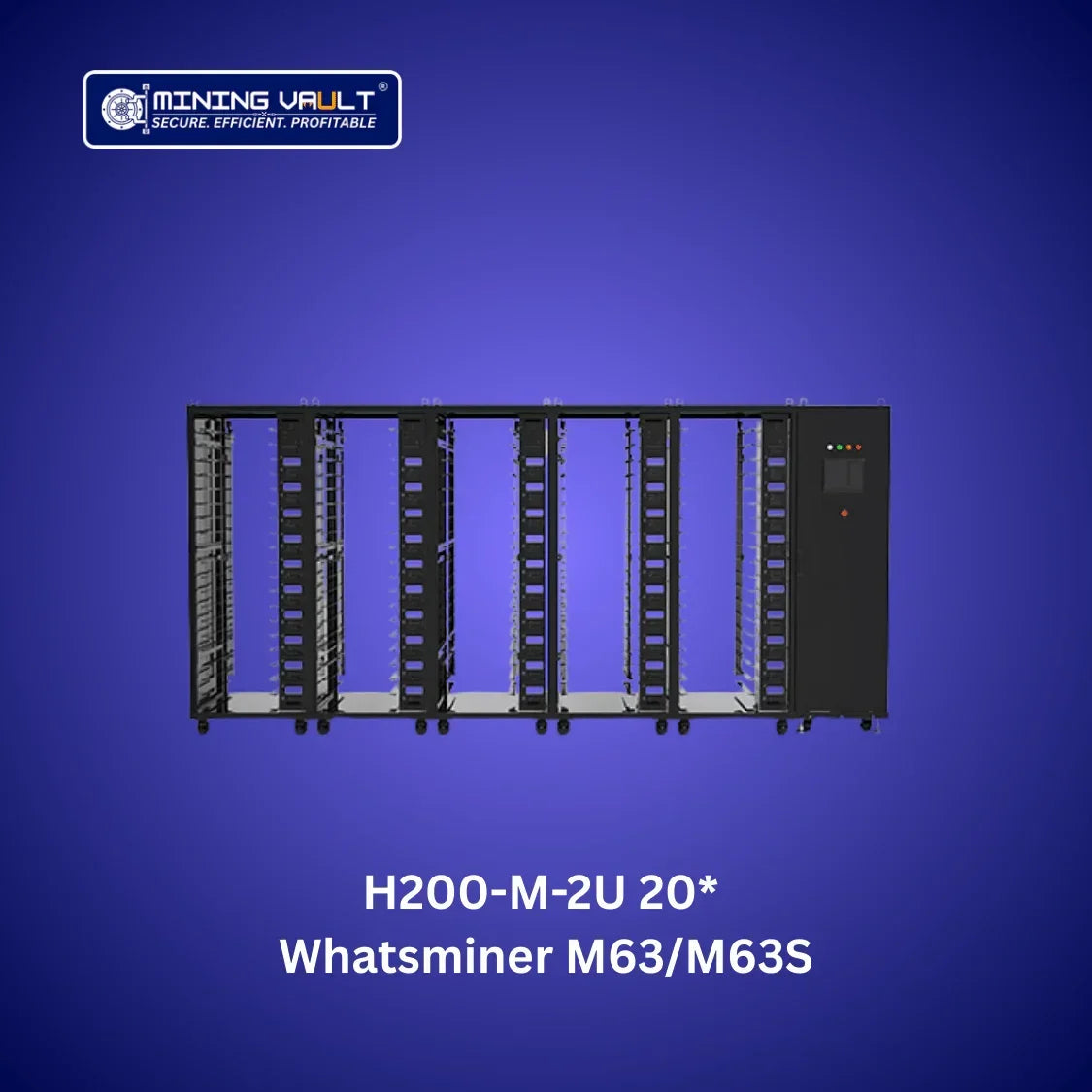 Rack de minage Mining Vault H200-M-2U 20* pour Whatsminer M63/M63S sur fond bleu