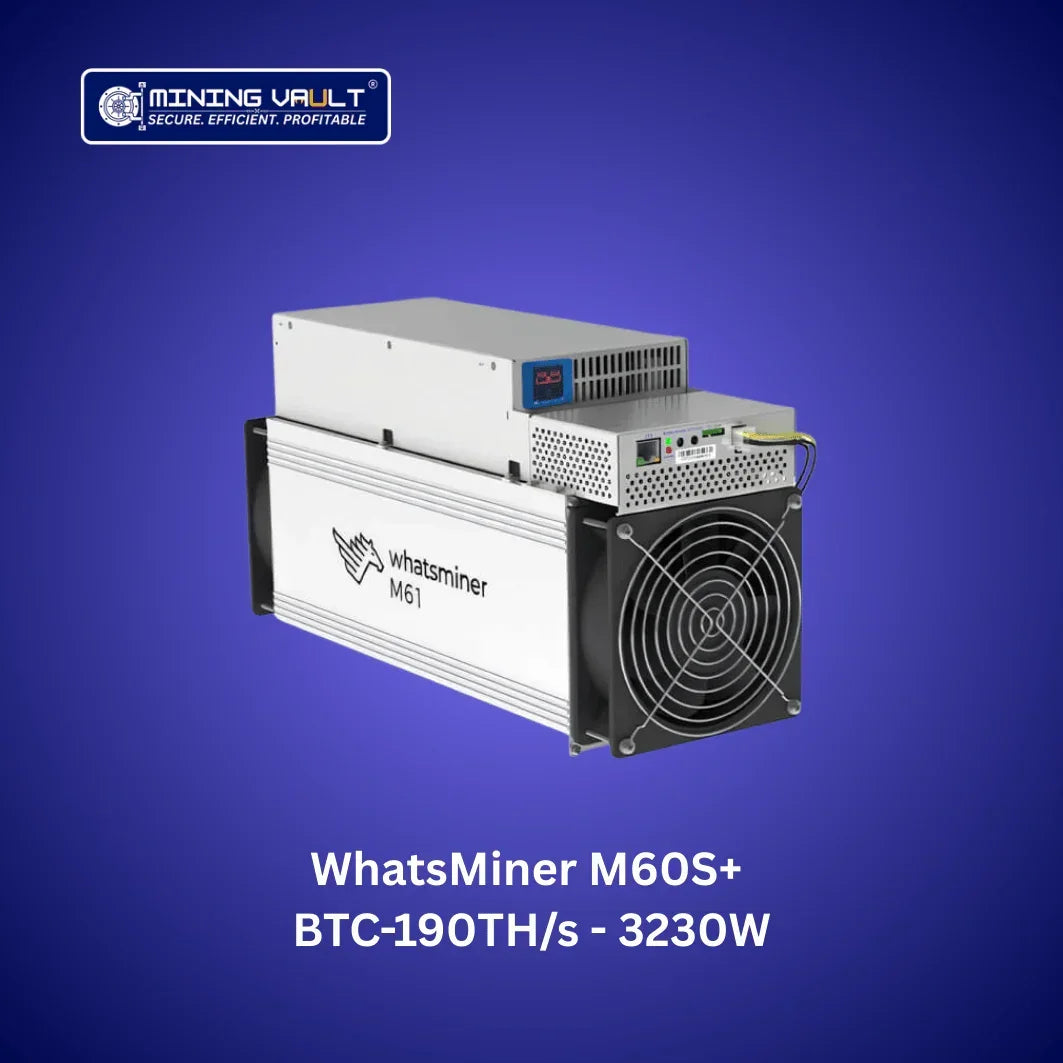 Miner crypto WhatsMiner M61 sur fond bleu avec logo Mining Vault et texte BTC 190TH/s 3230W