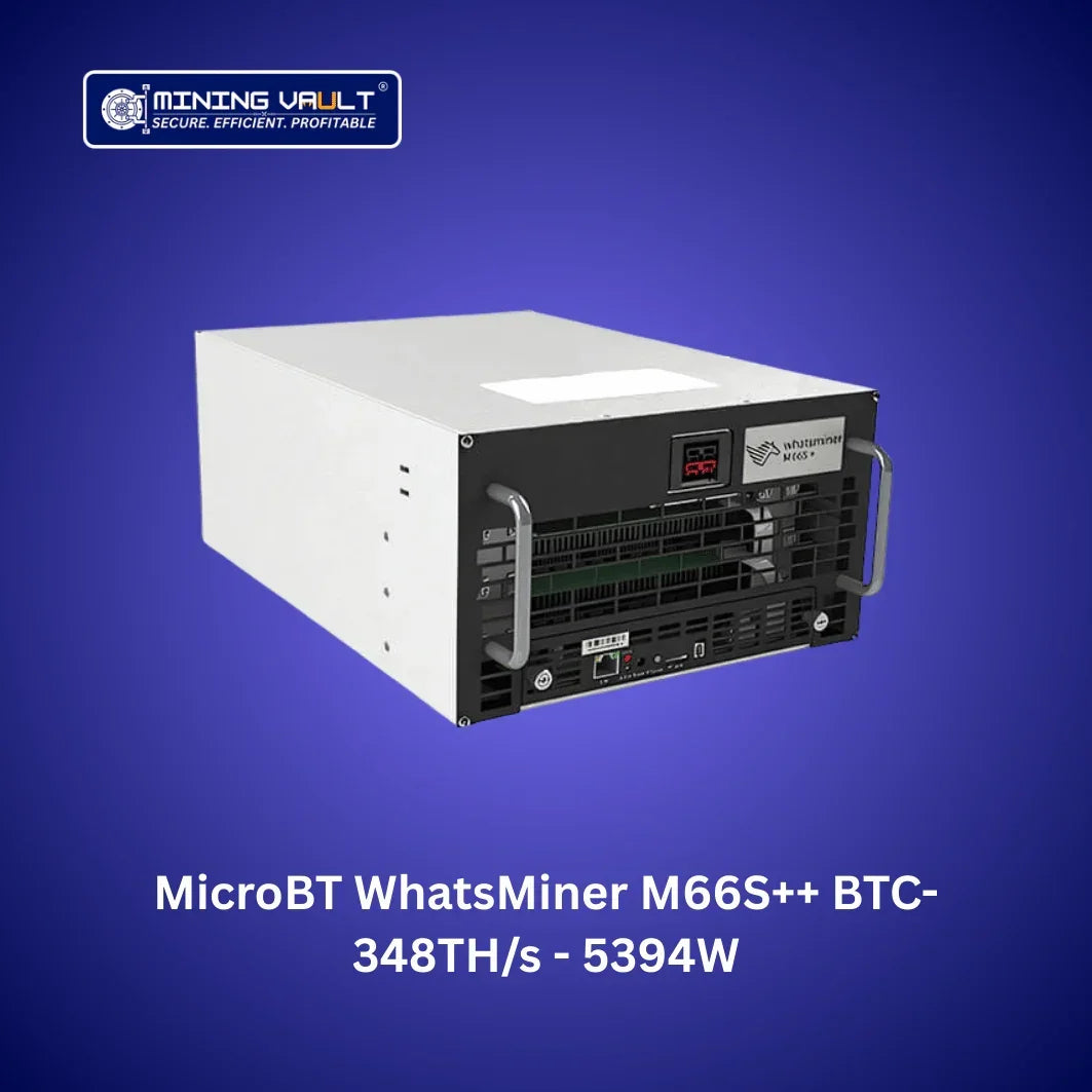 Miner Bitcoin MicroBT WhatsMiner M66S++ avec 348TH/s et consommation 5394W sur fond bleu