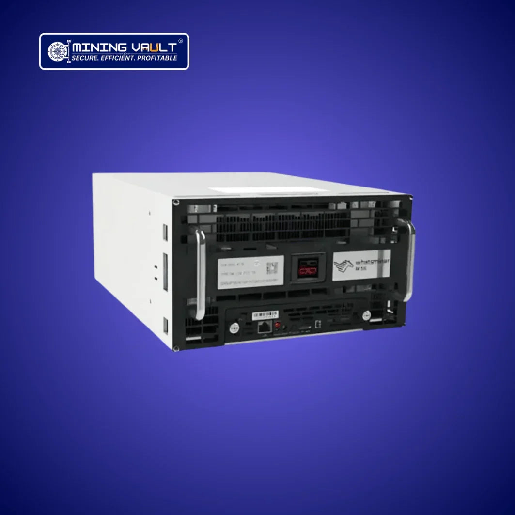 Appareil de minage professionnel blanc Mining Vault sur fond bleu avec logo et texte : Secure. Efficient. Profitable.