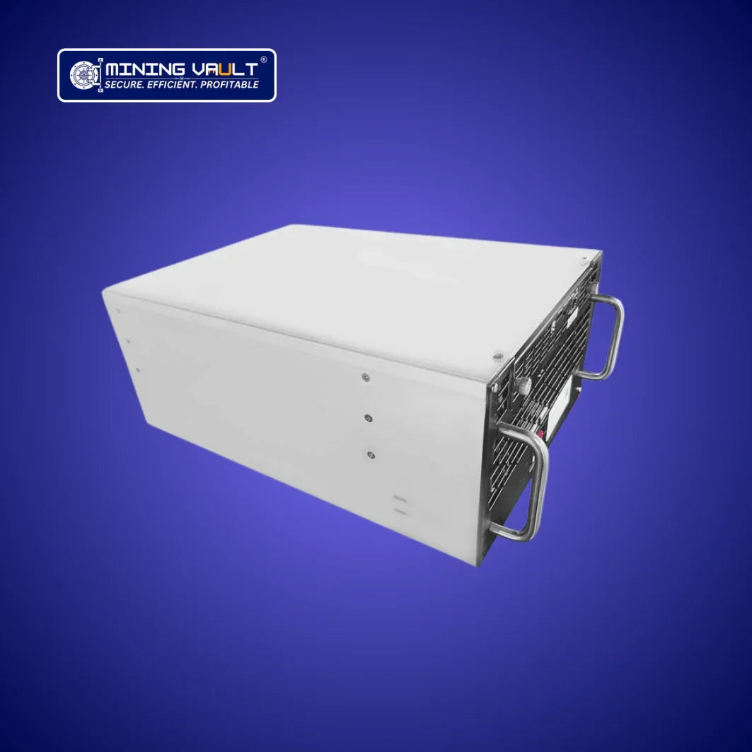 Boîtier blanc minage crypto avec poignées métalliques, fond bleu, Mining Vault sécurisé