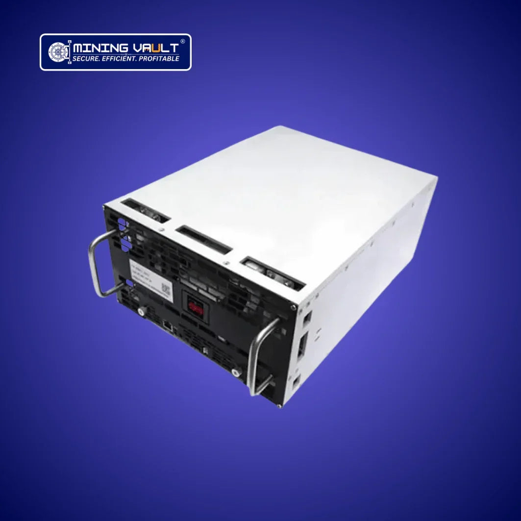 Appareil de minage crypto blanc avec poignées métalliques sur fond bleu, logo Mining Vault