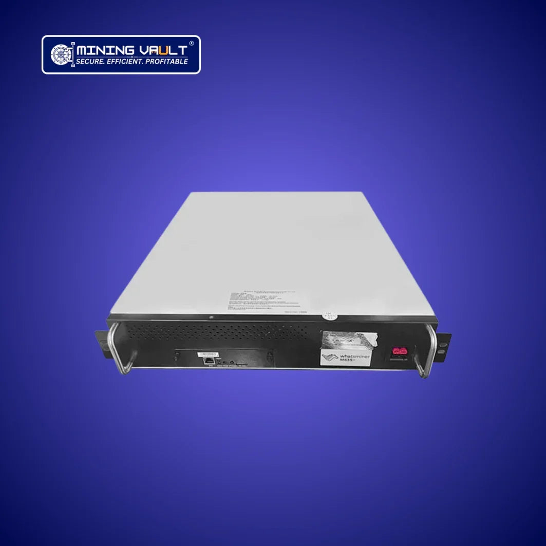 Miner de cryptomonnaie Whatminer M30s+ sur fond bleu avec logo Mining Vault