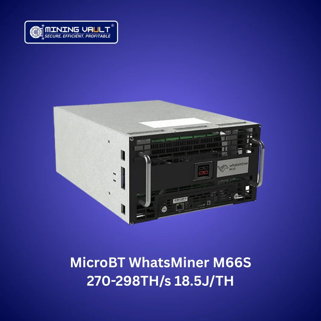 MicroBT WhatsMiner M66S mineur de crypto-monnaie gris avec logo Mining Vault sur fond bleu