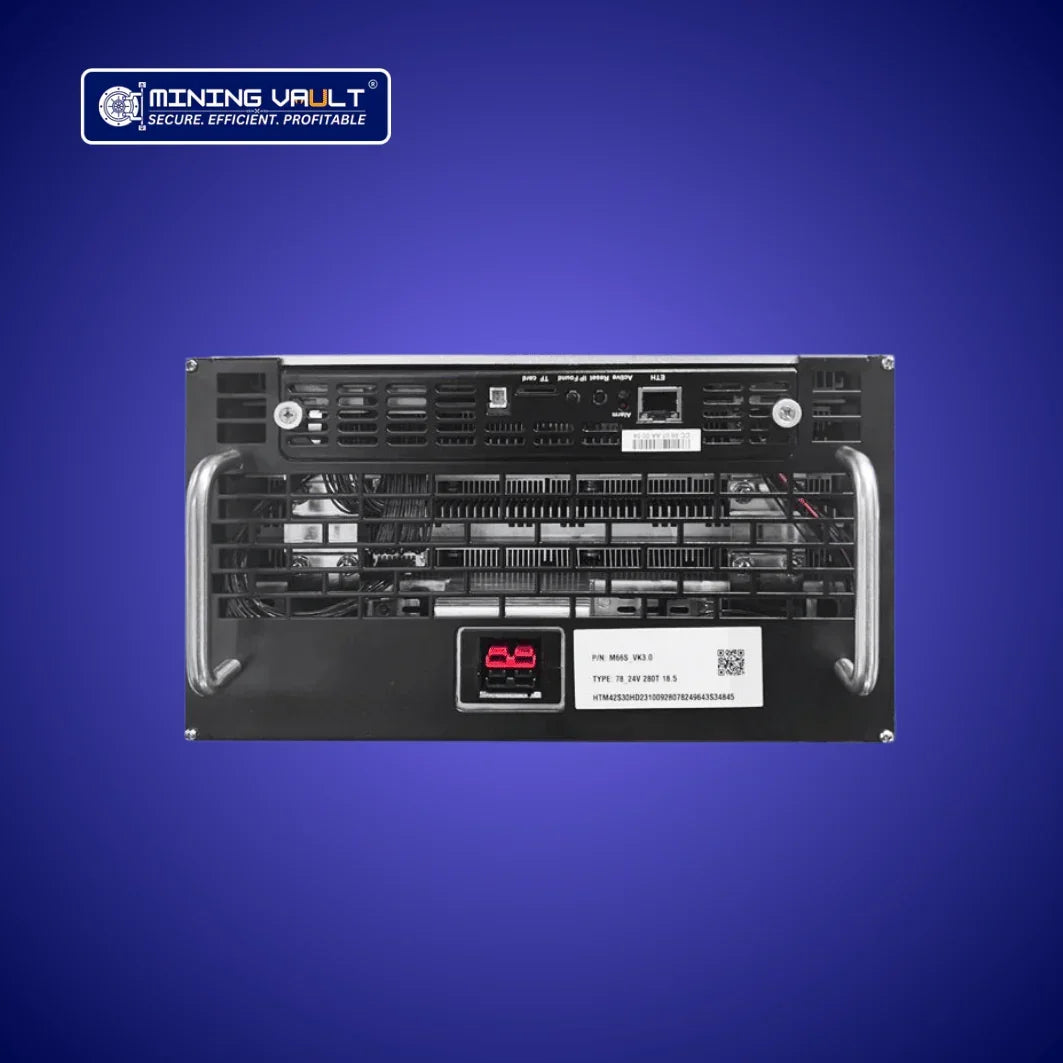 Matériel de minage Mining Vault noir avec poignées métalliques sur fond bleu pour cryptomonnaie